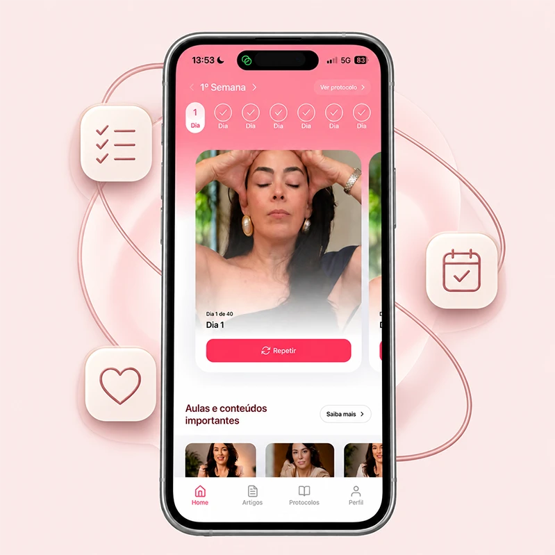 Mockup frontal do App Xô Rugas com detalhes e ícones em rosa