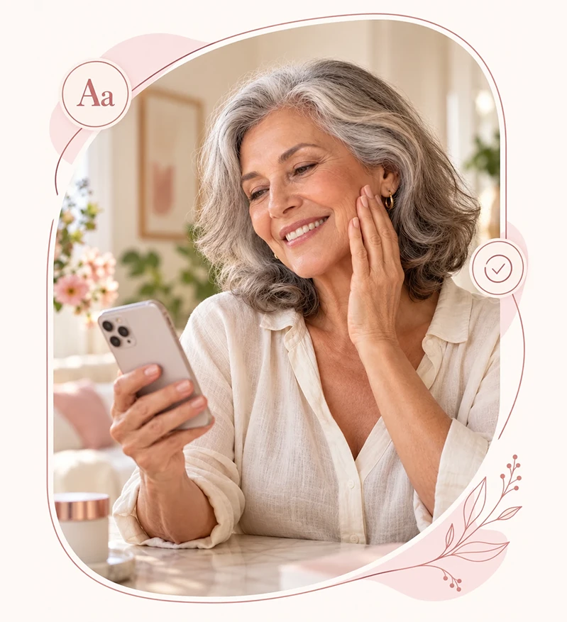Mulher madura usando o celular, com moldura rosa e ícones de fonte ajustável e orientação