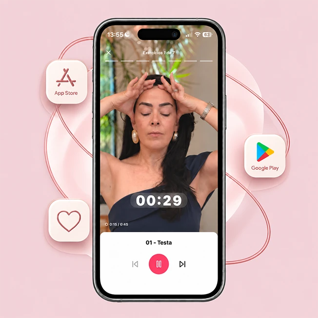 App Xô Rugas com exercício facial guiado e símbolos da App Store e Google Play