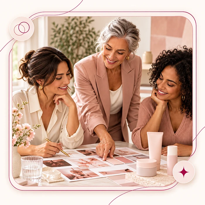 Profissionais planejando uma parceria de beleza e autocuidado, em moldura delicada rosa
